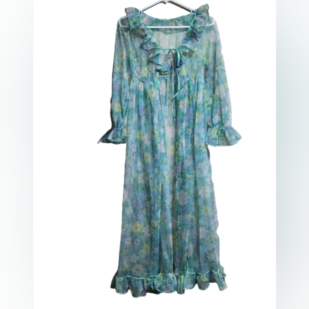 Vintage floral sheer pastel ruffle peignoir/robe